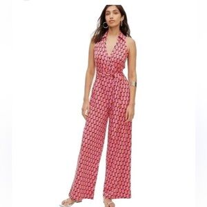 NWT Diane Von Furstenberg Collared Sleeveless Pink Geo Jumpsuit Size L